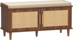 Akxomel Rattan Shoe Storage Bench with Cushion, 2-Tier Entryway Bench with Adjustable Shelves and 2 Doors, 15" D x 39.4" W x 20" H, Solid Wood Legs, for Hallway, Living Room, Bedroom, Walnut