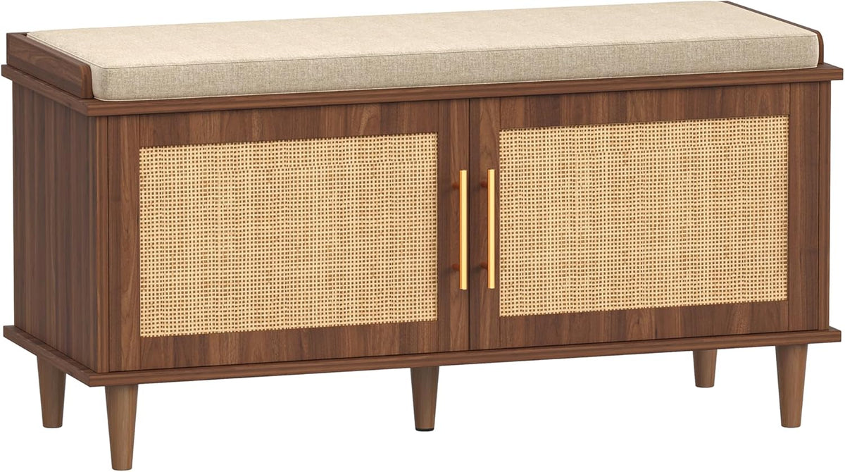 Akxomel Rattan Shoe Storage Bench with Cushion, 2-Tier Entryway Bench with Adjustable Shelves and 2 Doors, 15" D x 39.4" W x 20" H, Solid Wood Legs, for Hallway, Living Room, Bedroom, Walnut