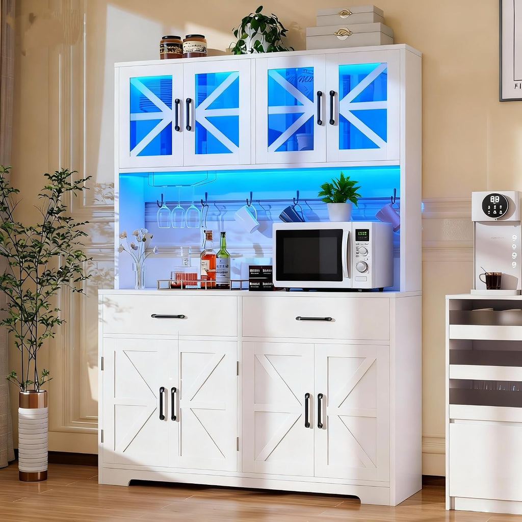 MUUEGM 71''Tall Kitchen Hutch with LED Lights & Power Outlet, Wood Food Kitchen Pantry Cabinet with Adjustable Shelves & 4 Cabinets & Microwave Stand & 2 Drawers for Dining Room,Living Room, White