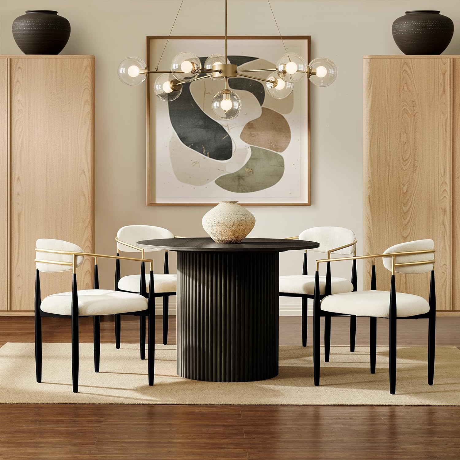 Morden Fort Set of 4 Chenille Upholstered Dining Chairs with Arms,Black Metal Frame with Gold Accent,Padded Kitchen,White