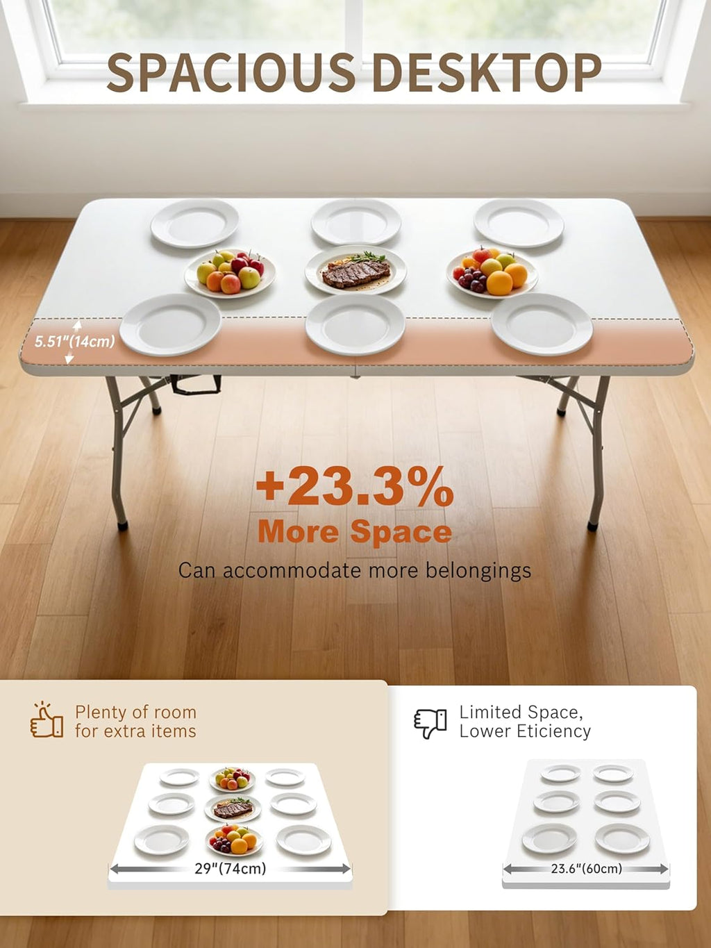 6Ft Folding Table, Heavy Duty Fold-in-Half Portable Plastic White | HDPE portable table indoor outdoor. Camp table, picnic table, party use. Lightweight holds 350 lbs. Easy fold side table