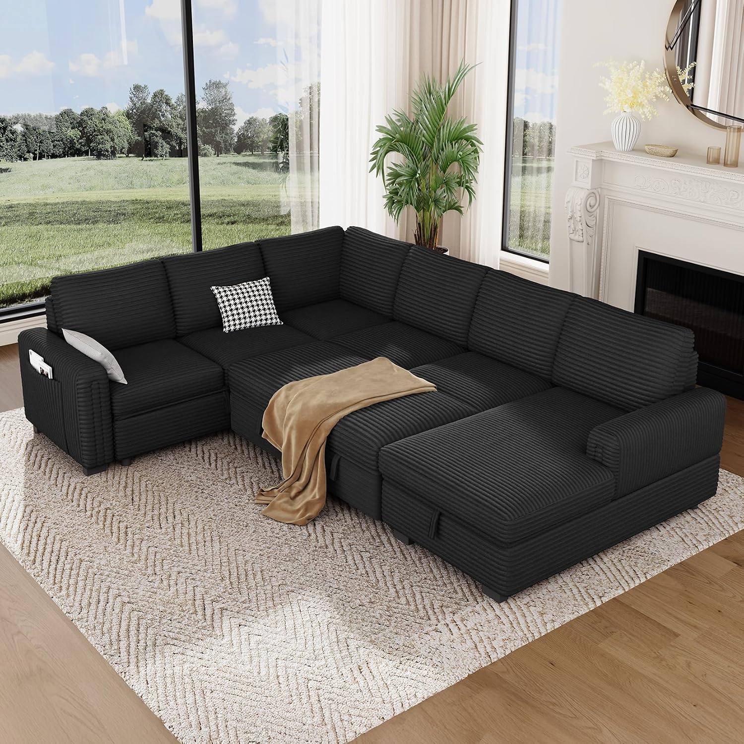 Vesgantti 113.6" Modular Sectional Sofa with Pull Out Bed, 7 Seater, Black