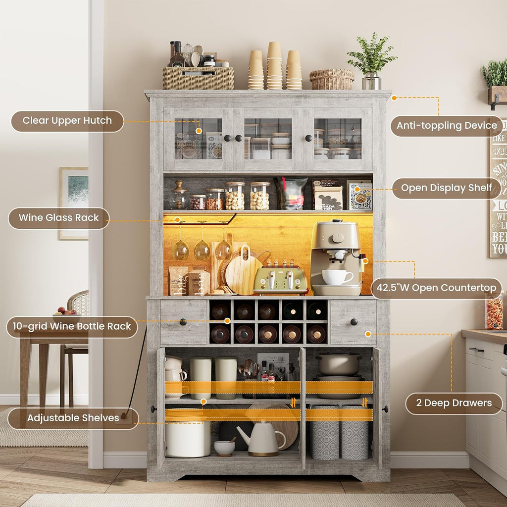 GAOMON 69" Pantry Cabinet with LED Light & Charging Station, Kitchen Pantry Storage Cabinet with Drawer & Adjustable Shelves, Coffee Bar Table for Kitchen Room, Living Room, Dining Room, Grey