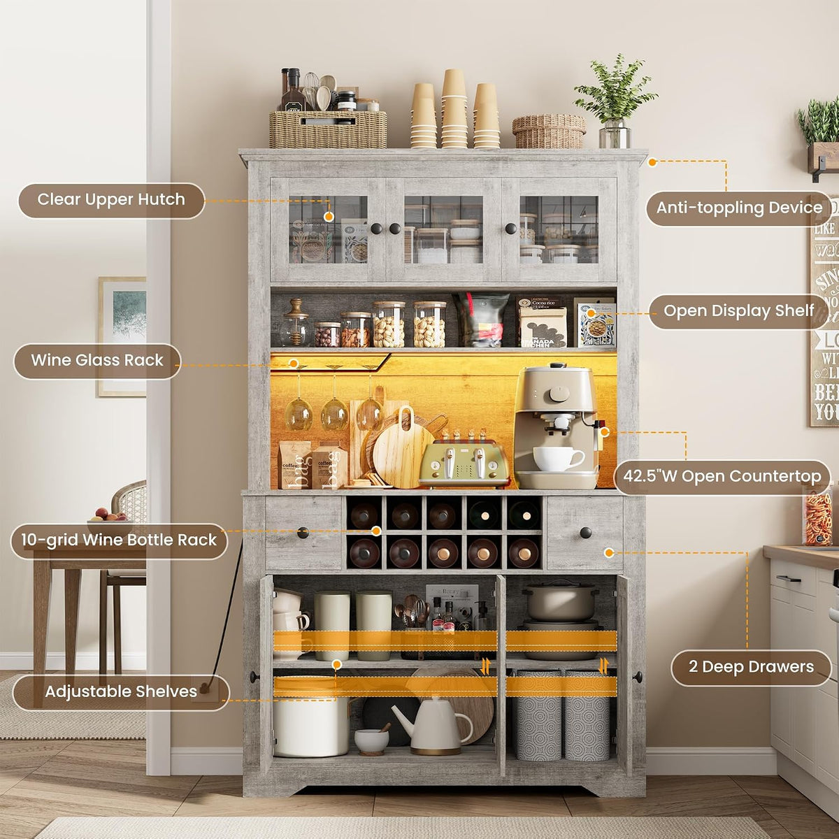 GAOMON 69" Pantry Cabinet with LED Light & Charging Station, Kitchen Pantry Storage Cabinet with Drawer & Adjustable Shelves, Coffee Bar Table for Kitchen Room, Living Room, Dining Room, Grey