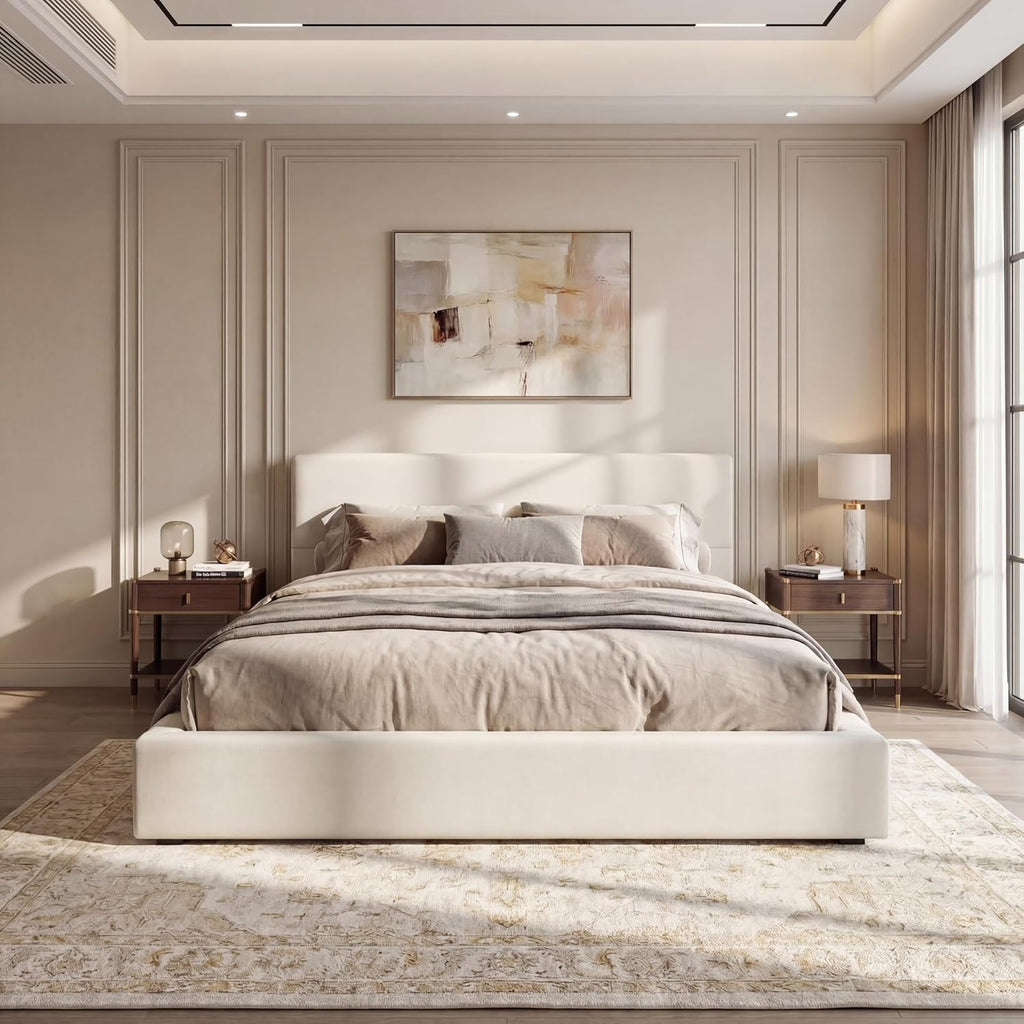 Merax King Size Bed Frame, 95" L x 88" W Upholstered Platform Bed with 8" Thick Linen Headboard & Footboard, Sturdy Wood Slat Support, No Box Spring Needed, Easy Assembly, Beige