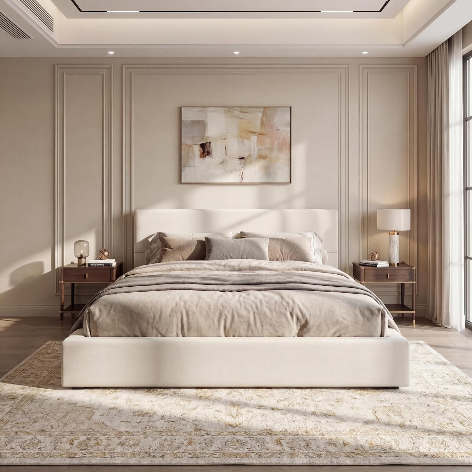 Merax King Size Bed Frame, 95" L x 88" W Upholstered Platform Bed with 8" Thick Linen Headboard & Footboard, Sturdy Wood Slat Support, No Box Spring Needed, Easy Assembly, Beige