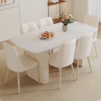White Dining Table Set for 6, 67'' Marble Dining Table Set with 3.5'' Thick Cream White Oval Tabletop and Solid Column Base, Modern Kitchen Table Set with 6 Metal Legs Chairs