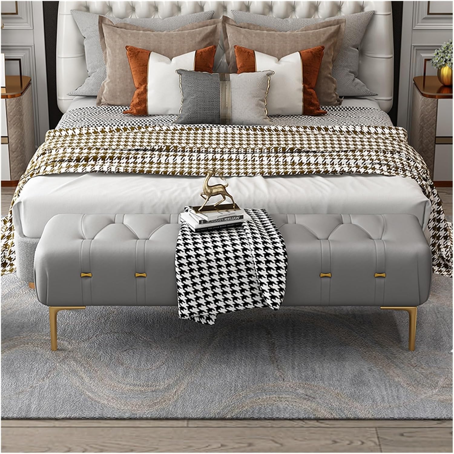 Modern Upholstered Tufted Bench with Padded Seat, Footrest Foot Stool with Sturdy Metal Leg, Leather for Bedroom Living Room Entryway Entryway(Dark Grey,100 * 40 * 43cm)