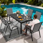 Pamapic Outdoor Dining Sets for 6, Rectangular Steel Slat Table with 6 Textilene Chairs, 7 Piece Patio Table and Chairs Set with Umbrella Hole for Patio, Backyard, Poolside (Grey, No Umbrella)