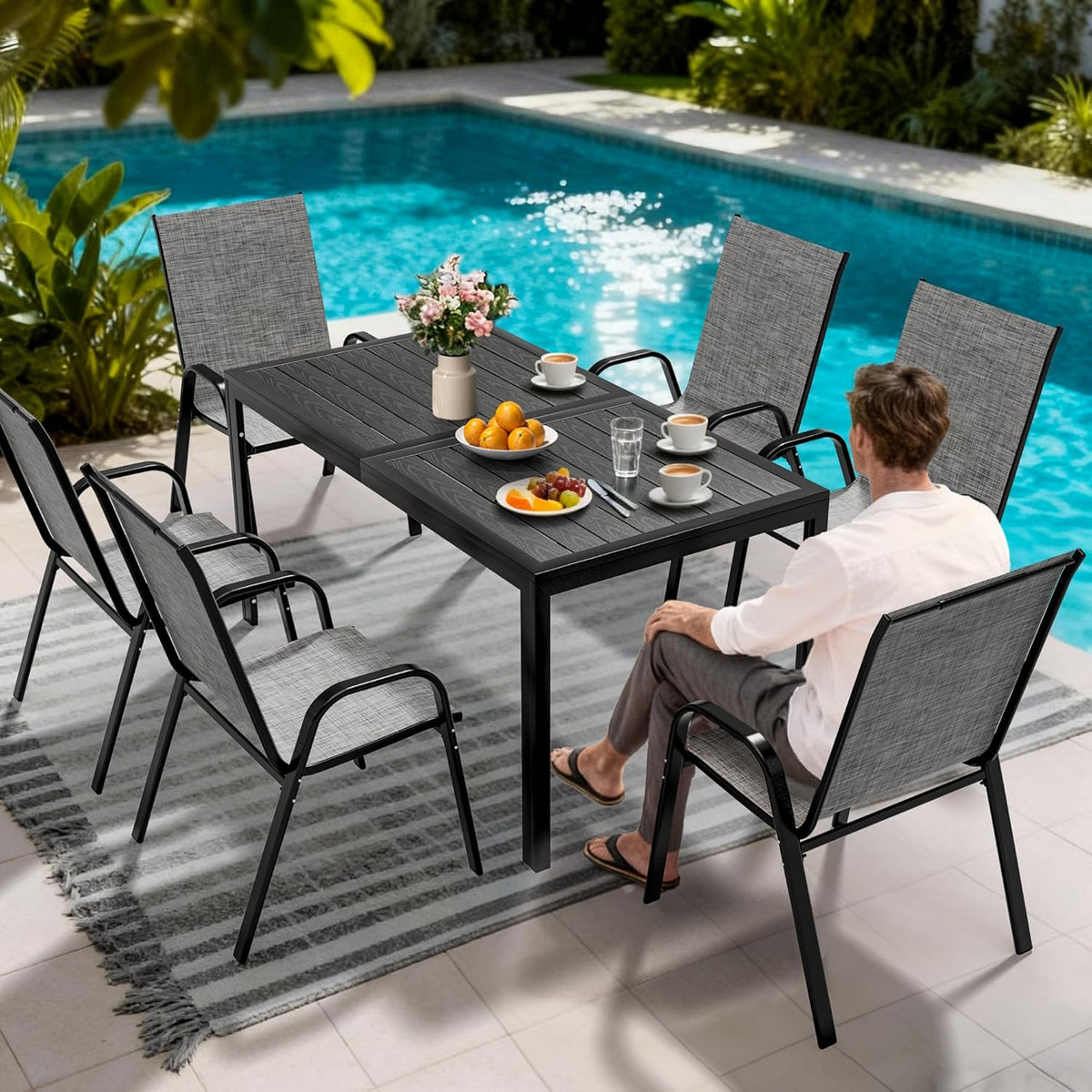 Pamapic Outdoor Dining Sets for 6, Rectangular Steel Slat Table with 6 Textilene Chairs, 7 Piece Patio Table and Chairs Set with Umbrella Hole for Patio, Backyard, Poolside (Grey, No Umbrella)