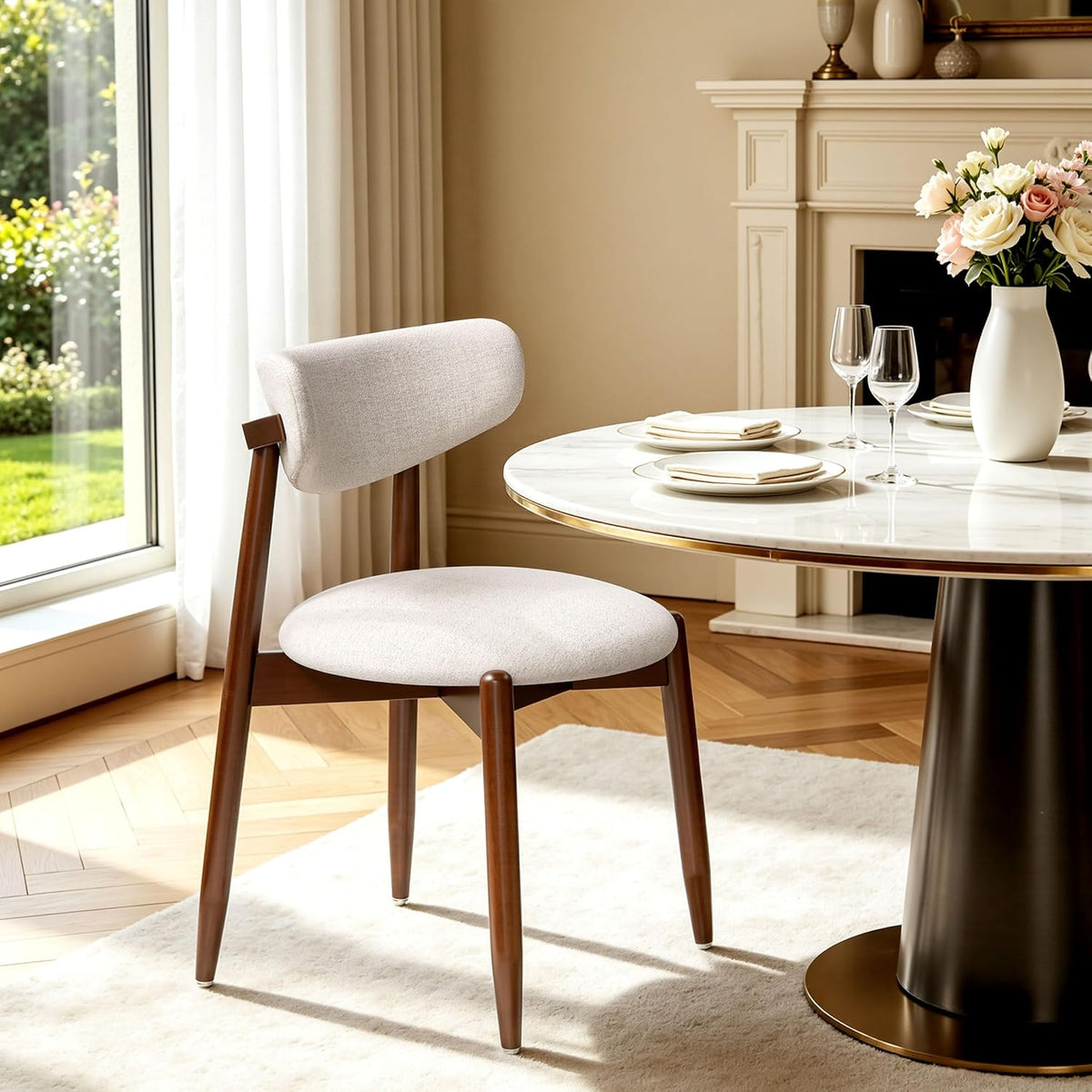 SUBRTEX Dining Chairs Set of 4,Upholstered Dining Room Chairs with Curved Backrest & Solid Wood Legs, Mid Century Modern Farmhouse Kitchen Chairs, Oatmeal & Walnut Legs