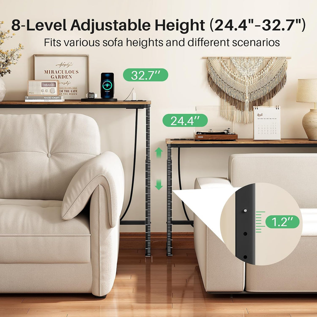 Kitstorack Narrow Sofa Table with Charging Station, 78.8" Behind Couch Table, Adjustable 24.4"-32.7" Height, Modular 2-piece Design for sectionals, entryways, Apartments, and Narrow Living Spaces