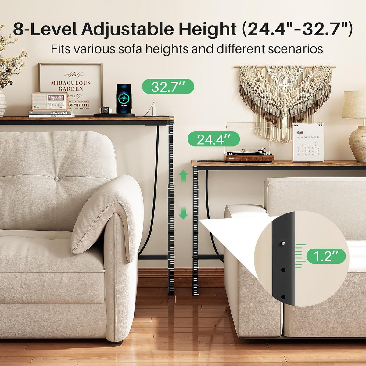 Kitstorack Narrow Sofa Table with Charging Station, 78.8" Behind Couch Table, Adjustable 24.4"-32.7" Height, Modular 2-piece Design for sectionals, entryways, Apartments, and Narrow Living Spaces