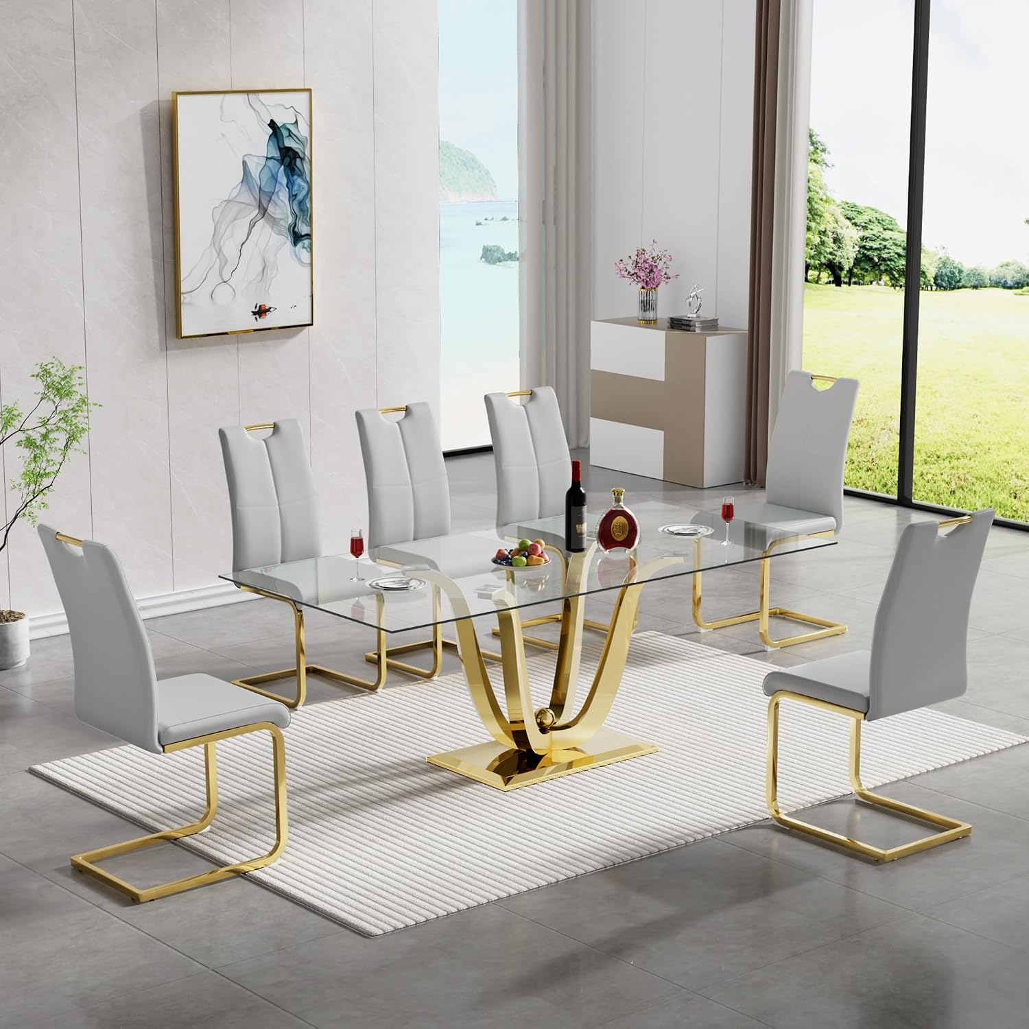 70" Glass Dining Table Set for 6, Modern Kitchen Table with 6 PU Leather Dining Chairs 7-Piece Dining Table and Chairs for 6 with Shiny Gold Metal Pedestal Base