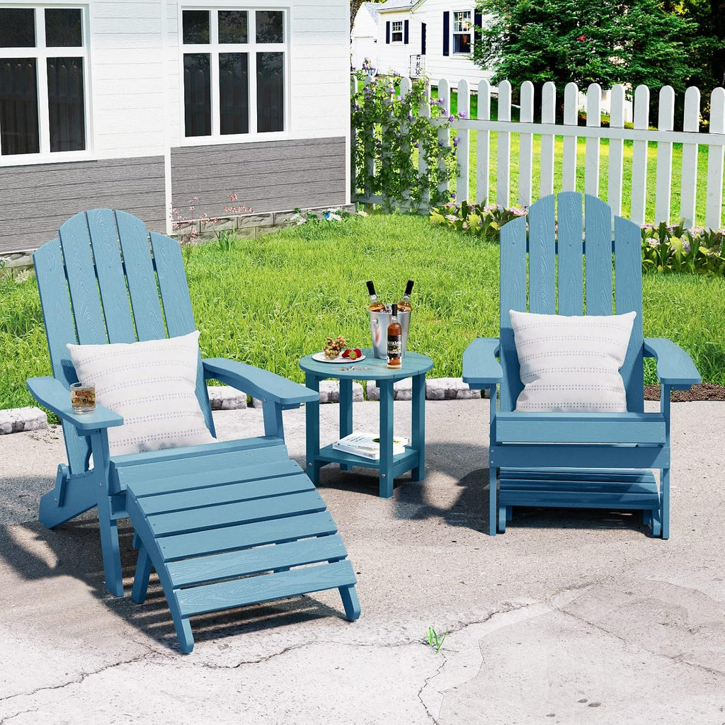 MXIMU Folding Adirondack Ottoman Set of 4: HIPS Plastic Outdoor Footrest Easy Assembly - All Weather Foot Stool Foot Rest for Adirondack Chair Use in Patio Garden Backyard Pool (Blue)