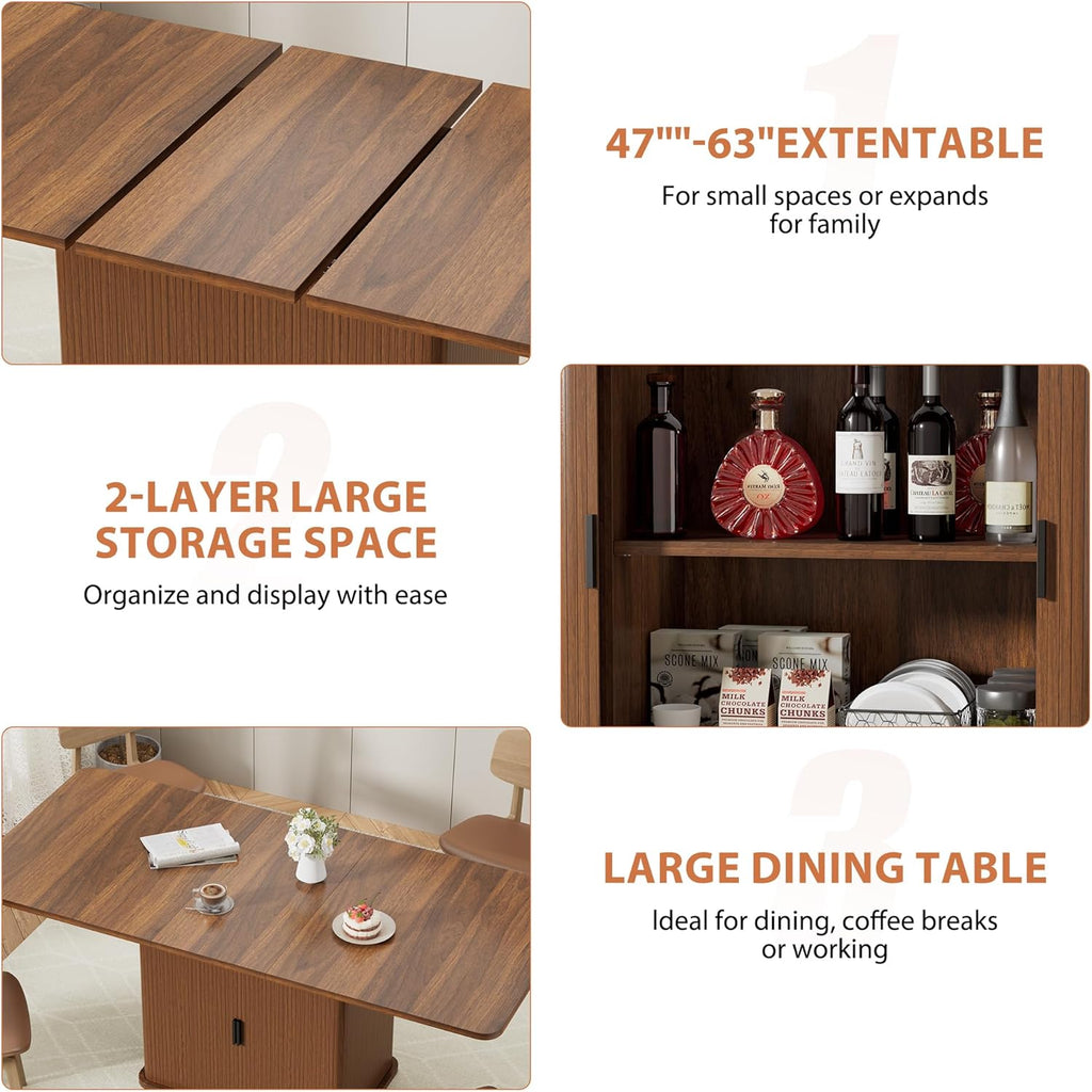 Extendable Dining Table for 4–6, 47″–63″ Rectangular Kitchen Table with Storage, Mid Century Modern Expandable Dinner Table for Dining Room,Kitchen