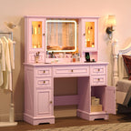 HUANLEGO Farmhouse Makeup Vanity Desk with Mirror and LED Lights, Pink | Vanity Mirror with Lights Desk for Women, Makeup Table Set with RGB Cabinet and 6 Drawers, Charging Station, 3 Light Modes