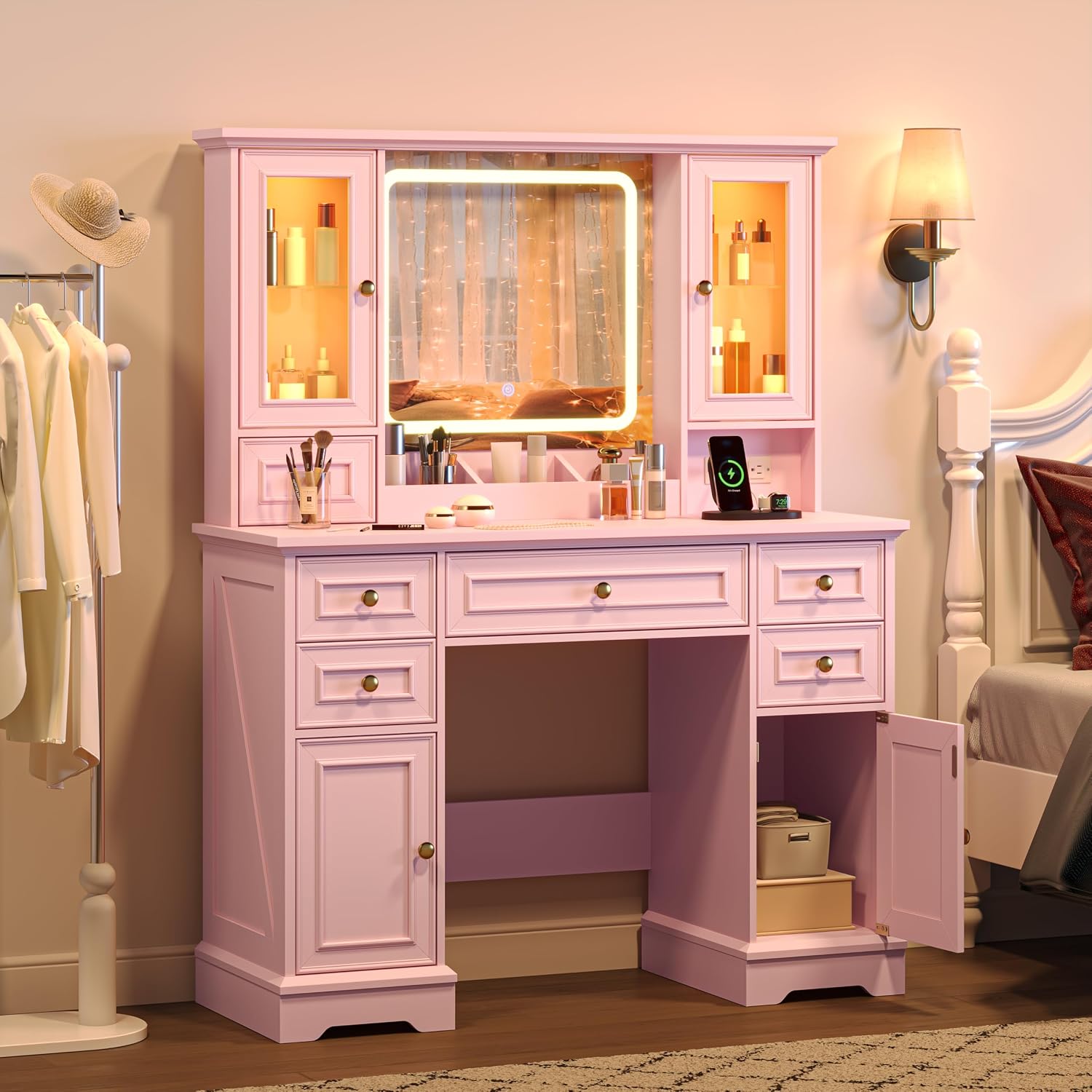 HUANLEGO Farmhouse Makeup Vanity Desk with Mirror and LED Lights, Pink | Vanity Mirror with Lights Desk for Women, Makeup Table Set with RGB Cabinet and 6 Drawers, Charging Station, 3 Light Modes