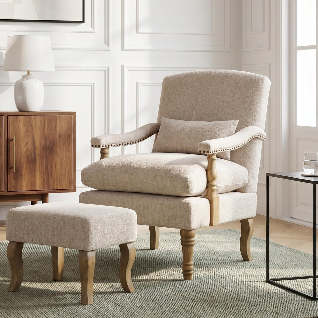 Accent Chair with Ottoman, Farmhouse Upholstered Armchair with Removable Thick Cushion & Lumbar Pillow, Wood Turned Legs, Comfy Reading Chair for Living Room Bedroom, Natural Beige