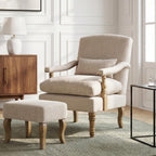 Accent Chair with Ottoman, Farmhouse Upholstered Armchair with Removable Thick Cushion & Lumbar Pillow, Wood Turned Legs, Comfy Reading Chair for Living Room Bedroom, Natural Beige