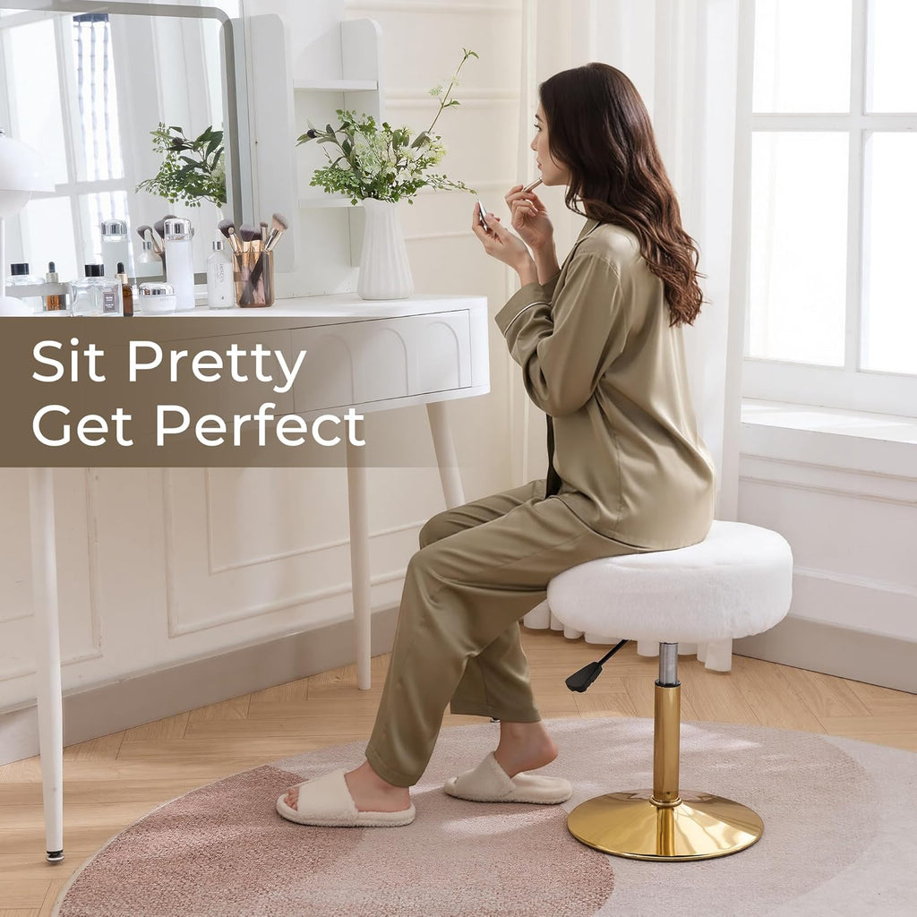 Vanity Chair Adjustable Vanity Stool for Vanity Swivel Vanity Stool Chair Ottoman Gold Base White