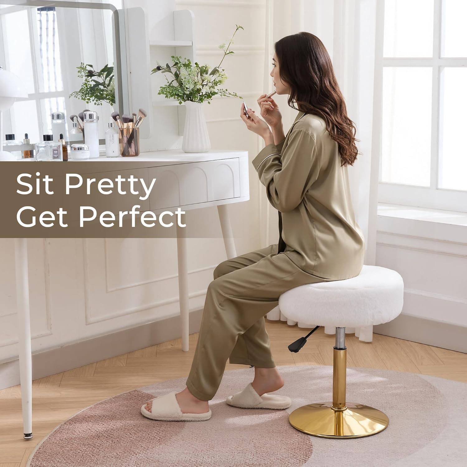 Vanity Chair Adjustable Vanity Stool for Vanity Swivel Vanity Stool Chair Ottoman Gold Base White