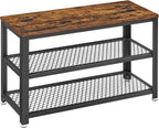 VASAGLE 3-Tier Shoe Rack, Shelf Storage Bench with Metal Mesh Shelves and Seat, Free Standing Shoe Organizer for Entryway, 11.8 x 28.7 x 17.7 Inches, Rustic Brown and Black ULBS73X