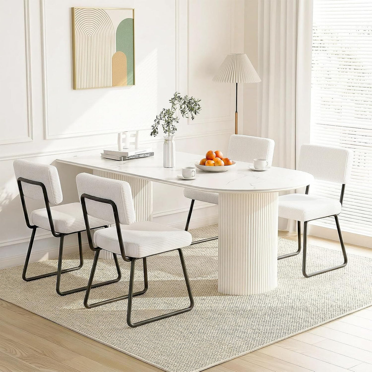 Velvet Dining Chairs Set of 6, Upholstered Dining Room Kitchen Chair with Thick Cushion, Soft Backrest, Metal Legs, Mid Century Modern Accent Side Chair for Home Living Room Bedroom, White