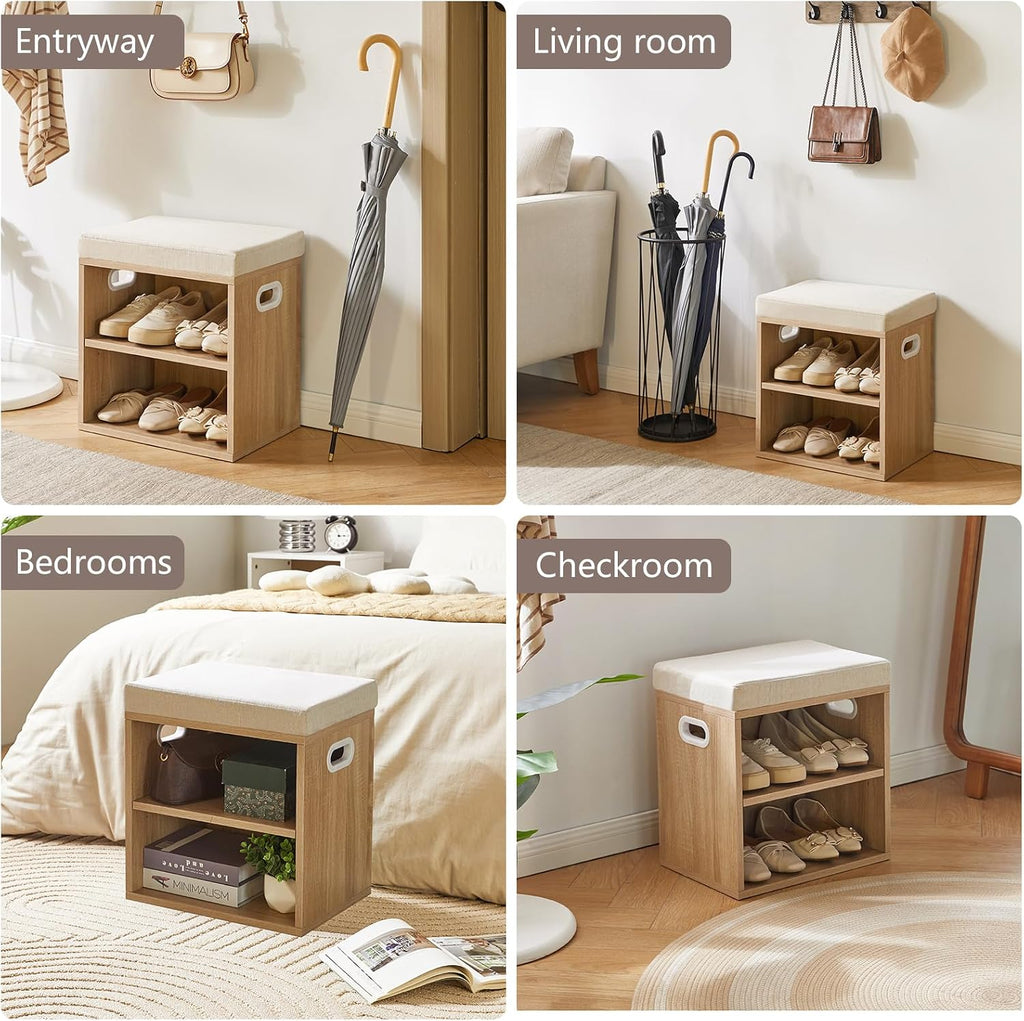 YMYNY Small Shoe Storage Bench with Cushion, 2 Tier Entryway Bench with Storage, Shoe Rack Bench for Entryway, Living Room, Hallway, Closet, Bedroom, 15.4L*11W*16.54H, Light Natural UHBD028R
