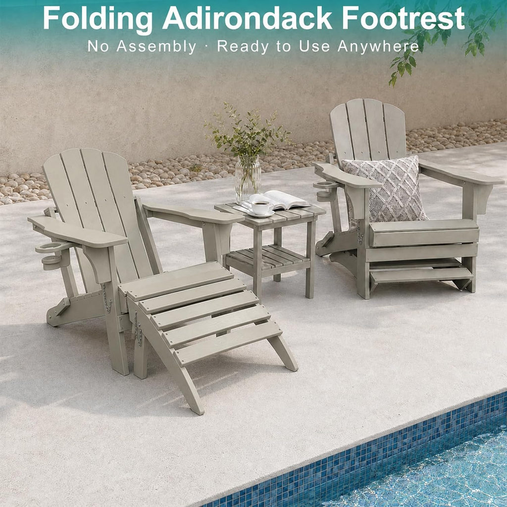 Folding Adirondack Ottoman Set of 2, HDPE All Weather Adirondack Chair Footrest, No Assembly Outdoor Footstool, Foldable Patio Ottoman for Poolside Backyard Porch Lawn, 19.5 Inch Wide, Sand