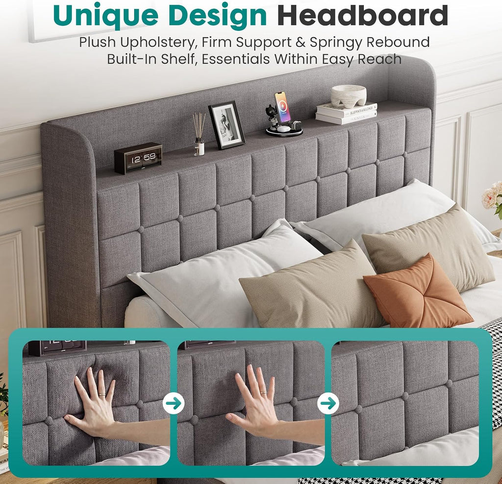 DUMOS Full Bed Frame, Upholstered Platform Bed Frame with Storage Drawers