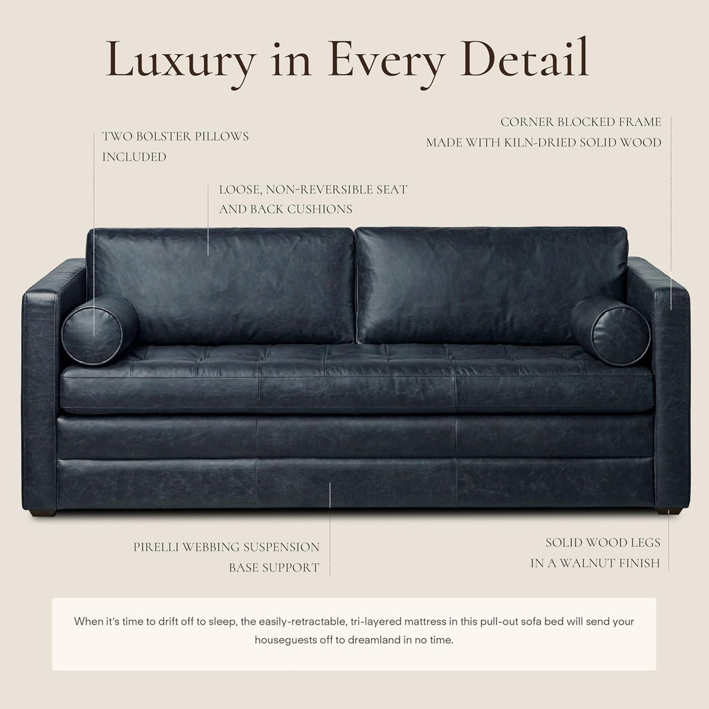 Poly & Bark Napa 82" Leather Pull‑Out Sleeper Sofa – Full‑Grain Italian Leather Upholstery,Tri‑Layer Mattress & Storage Console –Sophisticated Multi‑Functional Sofa Bed for Living Rooms & Guest Spaces