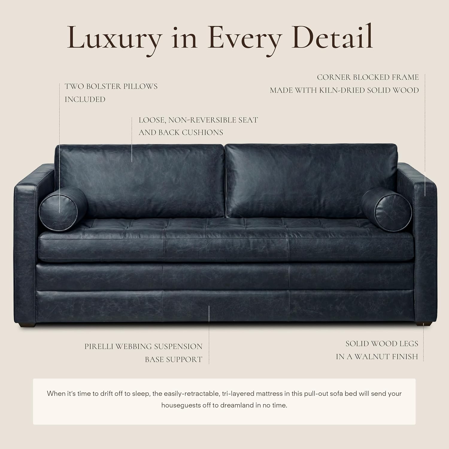 Poly & Bark Napa 82" Leather Pull‑Out Sleeper Sofa – Full‑Grain Italian Leather Upholstery,Tri‑Layer Mattress & Storage Console –Sophisticated Multi‑Functional Sofa Bed for Living Rooms & Guest Spaces