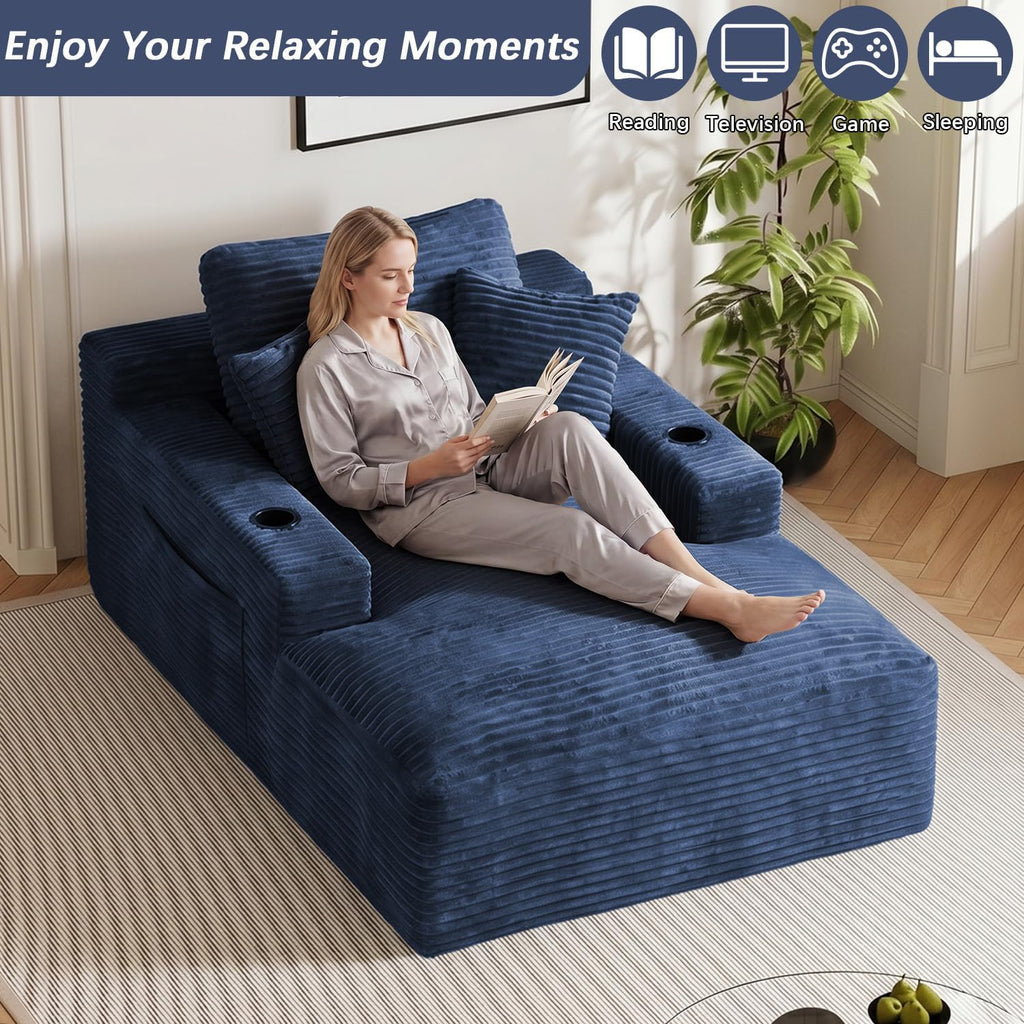 50" x 76" Corduroy Chaise Lounge Sofa Bed with Cup Holders, Blue | Extra-long corduroy chaise with deep sleeper seating, built-in cup holders, and 3 pillows for lounging or overnight rest.