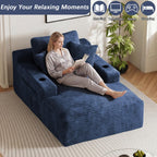50" x 76" Corduroy Chaise Lounge Sofa Bed with Cup Holders, Blue | Extra-long corduroy chaise with deep sleeper seating, built-in cup holders, and 3 pillows for lounging or overnight rest.