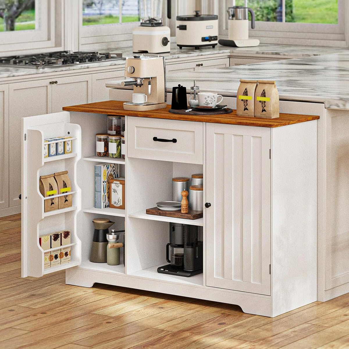 Gizoon 45" Kitchen Sideboard Buffet Cabinet with Storage Coffee Bar Cabinet with Drawer, Kitchen Pantry Storage with Door and Shelves for Bathroom and Living Room, White and Rustic