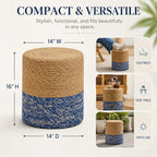 Wimarsbon Natural Seagrass Foot Stool, Hand Weaving Round Ottoman, for Living Room, Outdoor Seat (Natural & Blue)