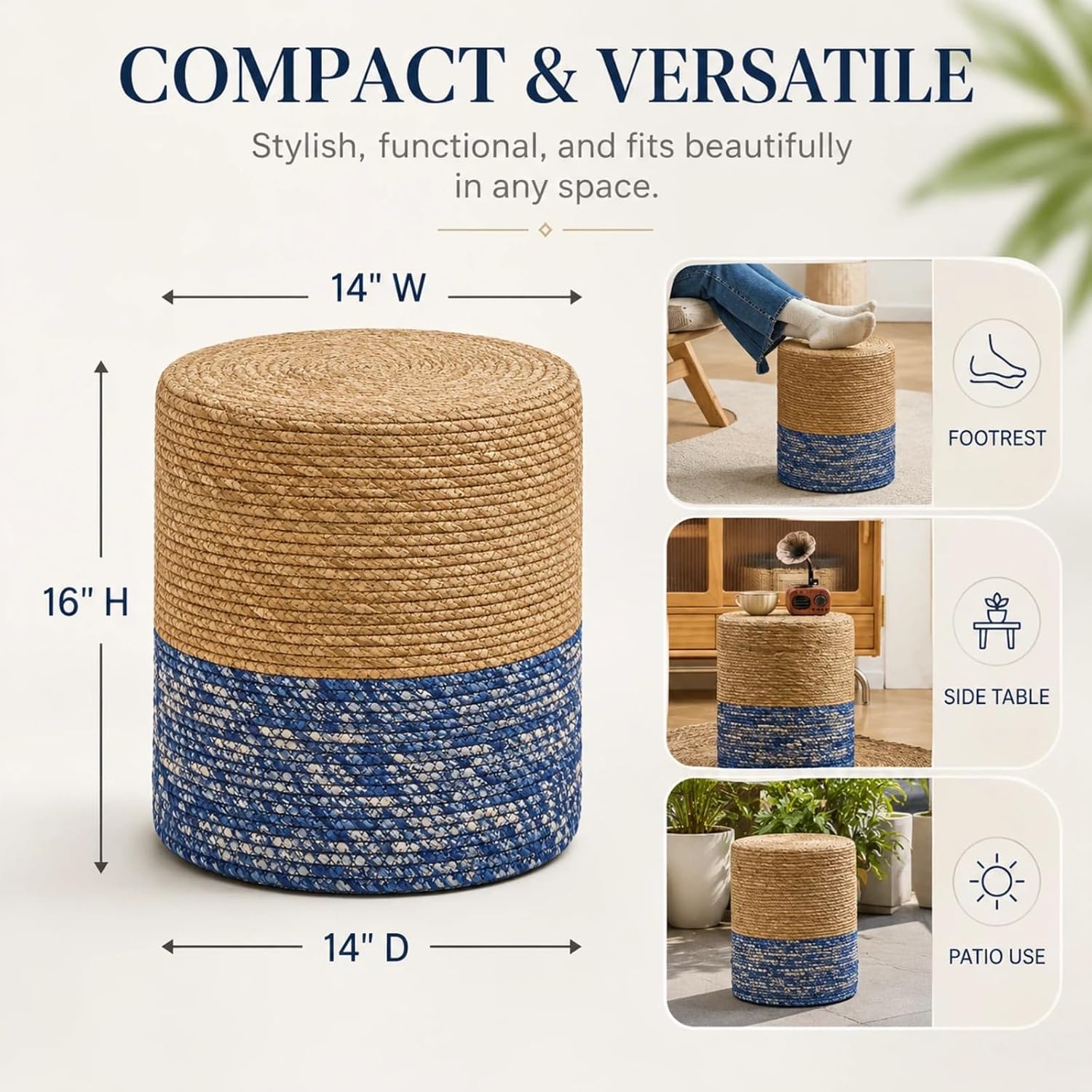 Wimarsbon Natural Seagrass Foot Stool, Hand Weaving Round Ottoman, for Living Room, Outdoor Seat (Natural & Blue)