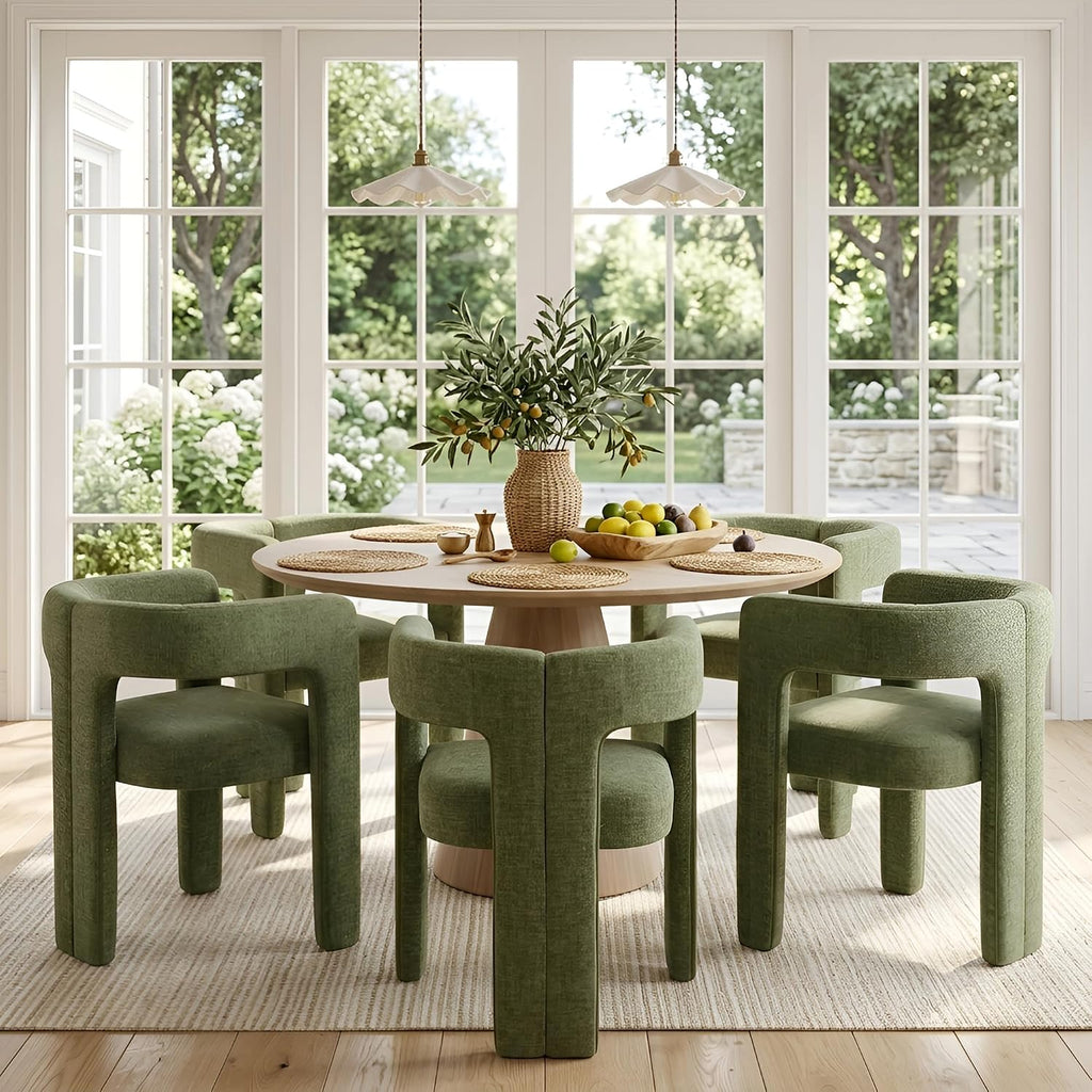 VESCASA Modern Barrel Dining Chairs Set of 2 with Open Back, Chenille Upholstered Accent Kitchen Armchairs with Wood Legs for Dining Room Reception Small Space, Green