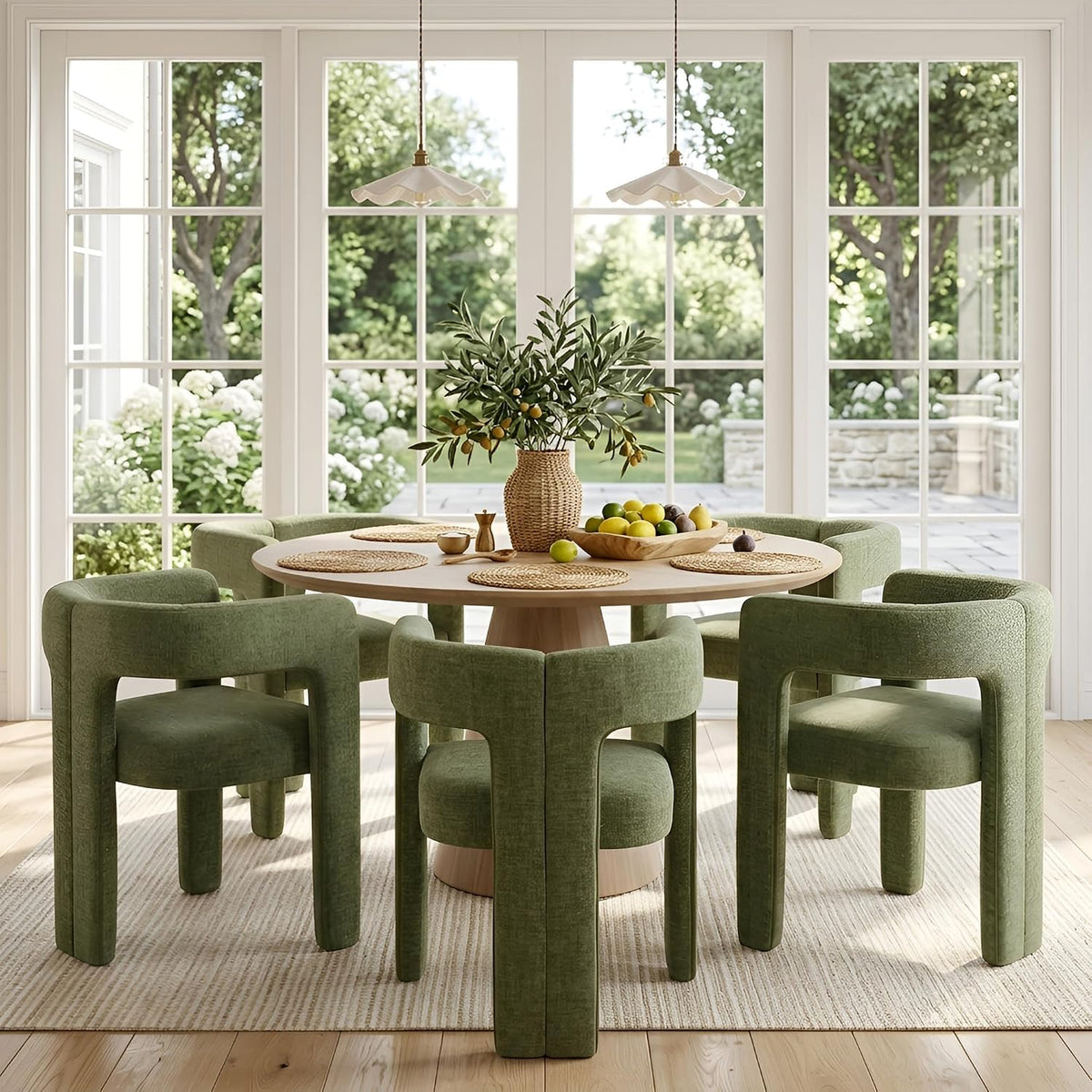 VESCASA Modern Barrel Dining Chairs Set of 2 with Open Back, Chenille Upholstered Accent Kitchen Armchairs with Wood Legs for Dining Room Reception Small Space, Green