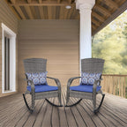 Outdoor Rocking Chairs Set of 2, Patio Rocker Chairs with Cushions & Steel Frame, All Weather Porch Rocking Chairs for Garden, Backyard, Poolside (Grey Rattan & Navy Blue Cushion, 320lbs)