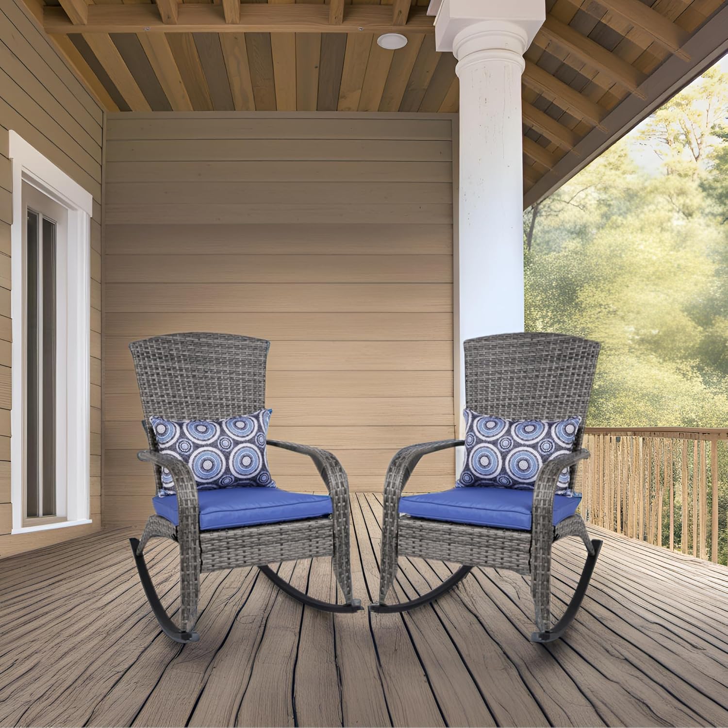 Outdoor Rocking Chairs Set of 2, Patio Rocker Chairs with Cushions & Steel Frame, All Weather Porch Rocking Chairs for Garden, Backyard, Poolside (Grey Rattan & Navy Blue Cushion, 320lbs)