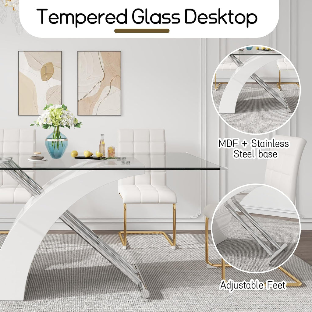 Rectangular Glass Dining Table for 4-6 People, 63" Clear Tempered Glass Desktop with X-Shape Stainless Steel Base, for Kitchen, Living Room, Office, Silver White