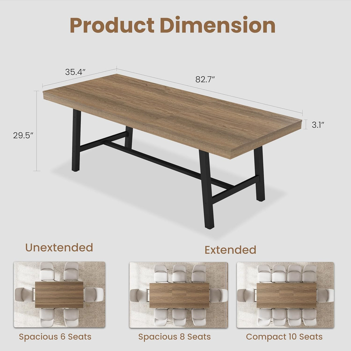 GarveeHome 63-83" Extendable Dining Table, Industrial Rectangular Dining Room Table for 6-8 People, Expandable Kitchen Table with Heavy Duty Metal Frame for Dining Room, Kitchen & Parties, Rustic Pear