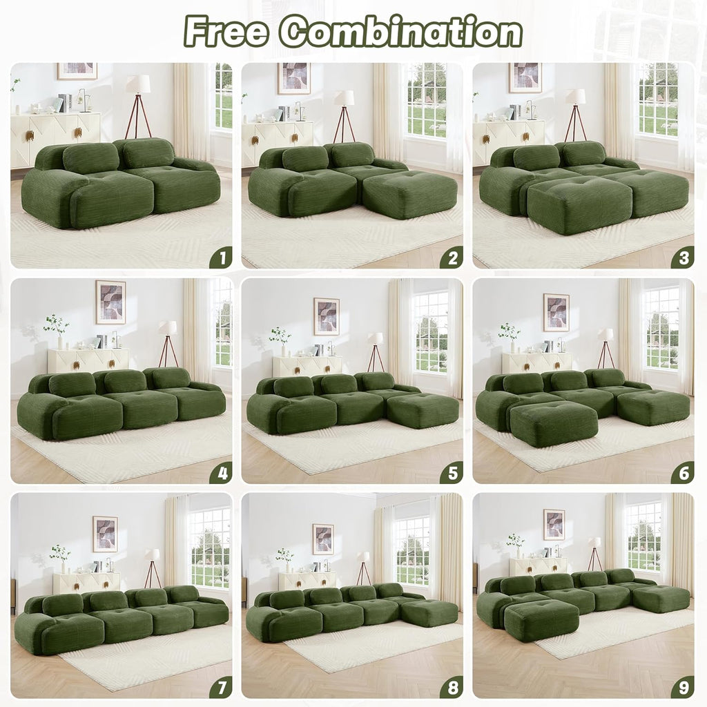 Modular Sectional Sofa Couch, U Shaped Sectional Couches for Living Room, Oversized Cloud Couch with Deep Seat and Ottoman, Comfy Corduroy Upholstery Green Couches, No Assembly(3S+2O)