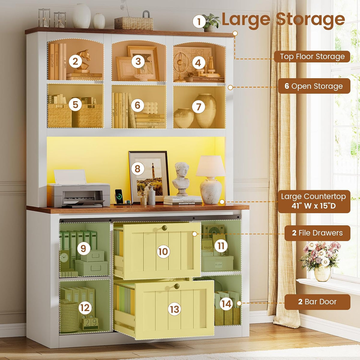 SEDETA 2 Drawer File Cabinet with Power Strip, 41” Farmhouse Filing Cabinet fits Legal, Letter, A4 Size Files for Home Office, Printer Stand with Storage Shelf, Bar Door and LED Lights, White