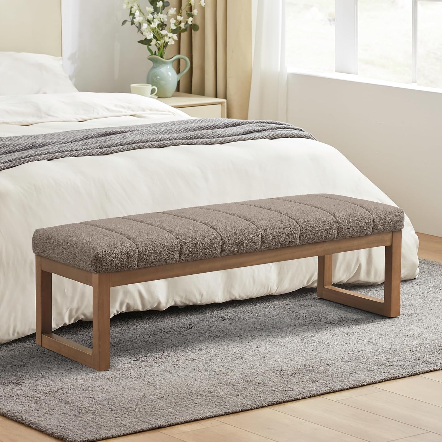 Zihanhome 52.7" Bedroom Bench for End of Bed, Modern Upholstered Teddy Fabric Entryway Bench & Dining Bench, Footrest Stool Bench with Solid Wood Frame for Bedroom, Living Room (Dark Brown)