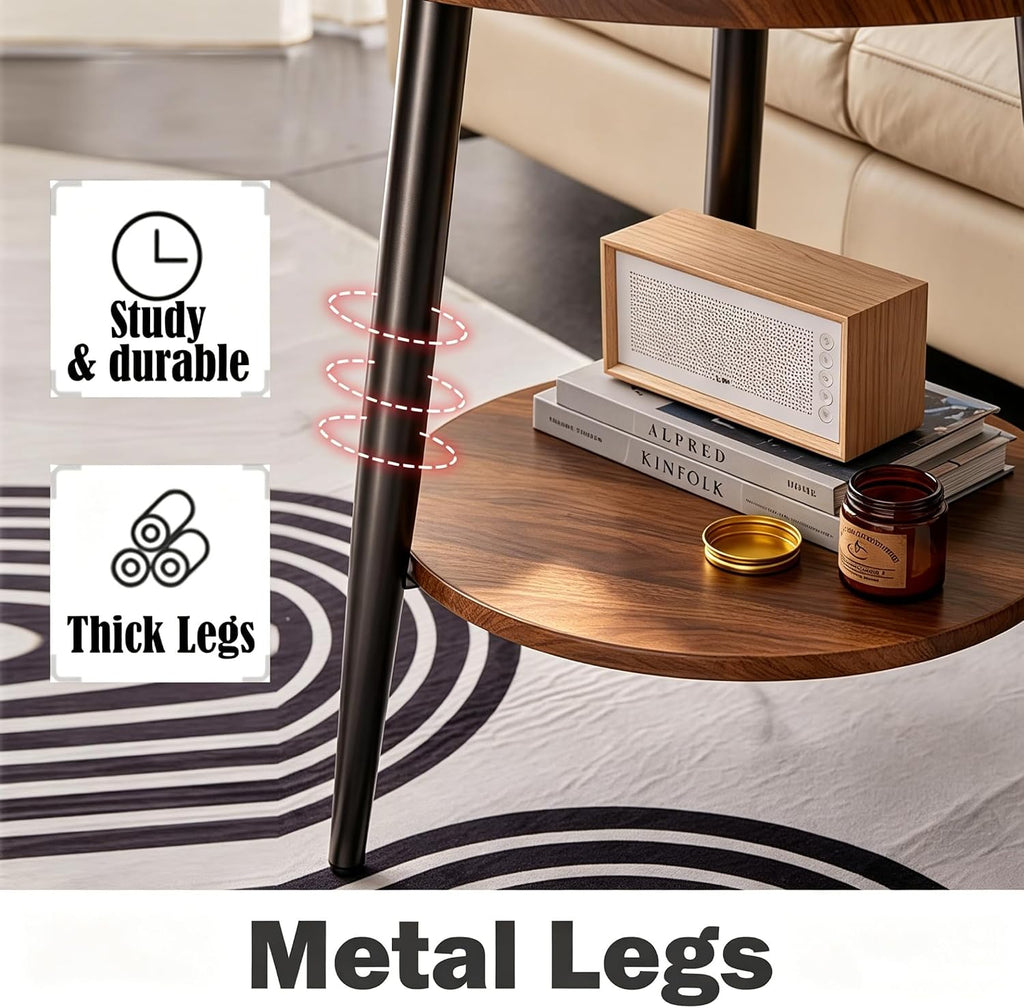Small Round Side Table, 2-Tier Mid Century Modern Side Table, Round End Table Small End Table for Living Room, Metal Frames, Brown