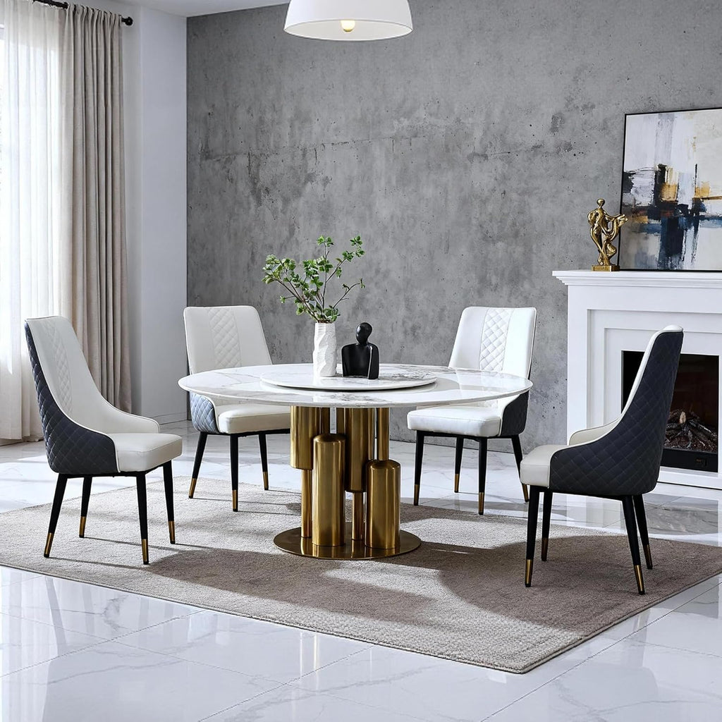 Montary 9 Piece Modern Dining Table Set of 8, Round 59" D Faux Marble Kitchen Table with Lazy Susan, Sintered Stone and Metal Dining Room Table with 8 Dining Chairs, for Home, Living Room
