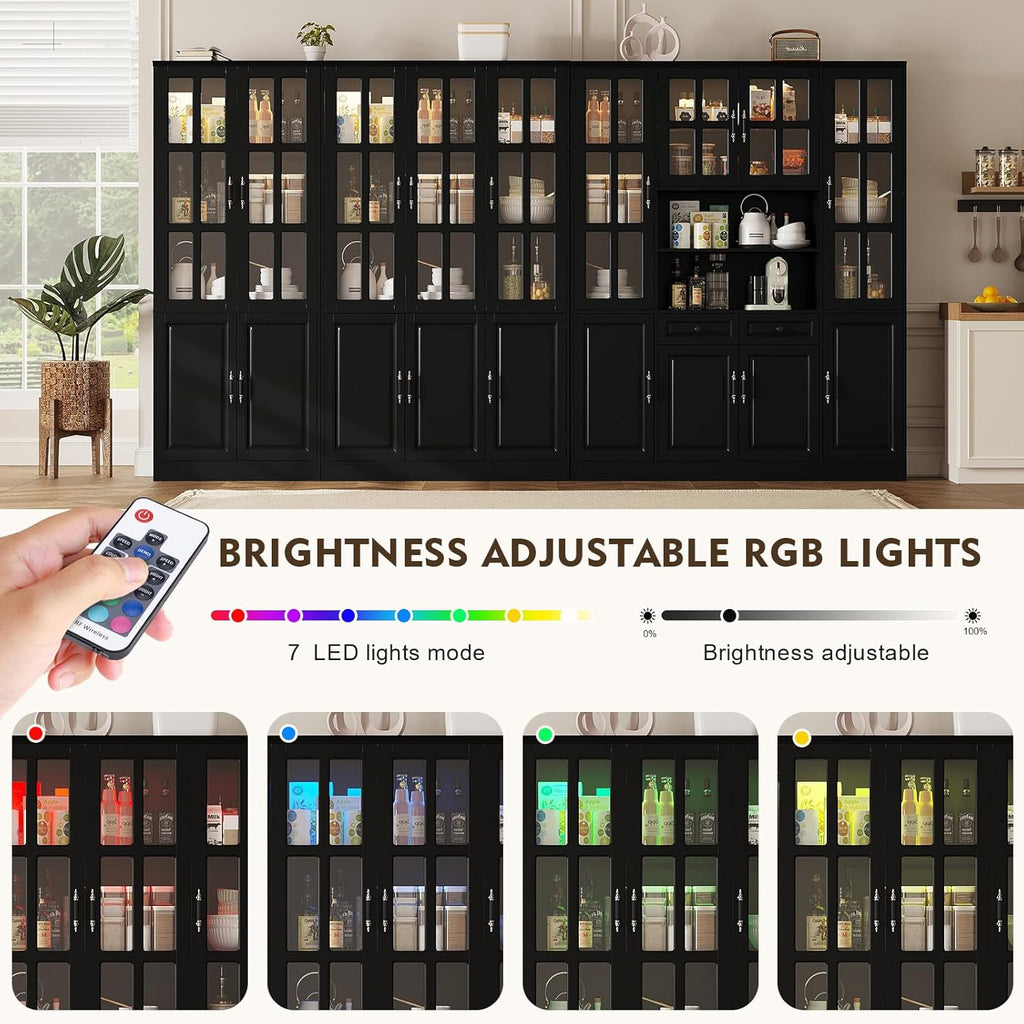 MEISSALIVVE 78.7" Kitchen Pantry Storage Cabinet with LED Lights, Tall Pantry Cabinet with Glass Doors, Kitchen Hutch Utility Pantry, Black (47.2" W x 15.7" D)